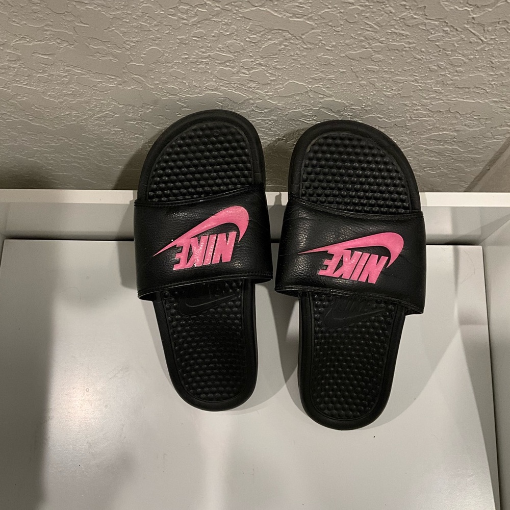 Nike Black Slides with Pink Swoosh Logo